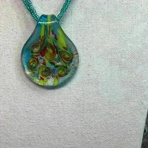 Green and Blue Seed Bead Necklace with Glass Foil Pendant - Picture 2 of 4
